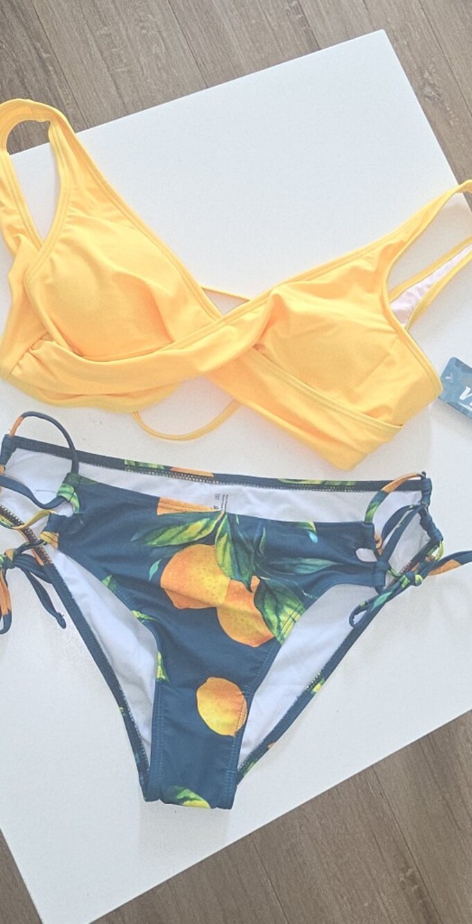 Vivola Women S Yellow Twist-Front Swim Top & Navy Citrus Print Tie-Side Bottoms